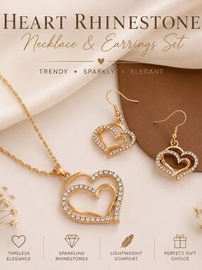 Gold Tone Heart Necklace Drop Earrings Set Rhinestone
